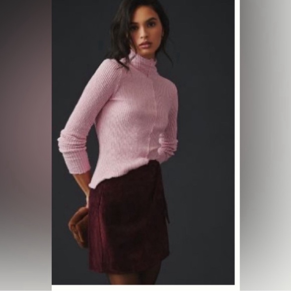 Anthropologie TLa Ribbed Turtleneck Top Raw Edges in Mauve NWOT Medium